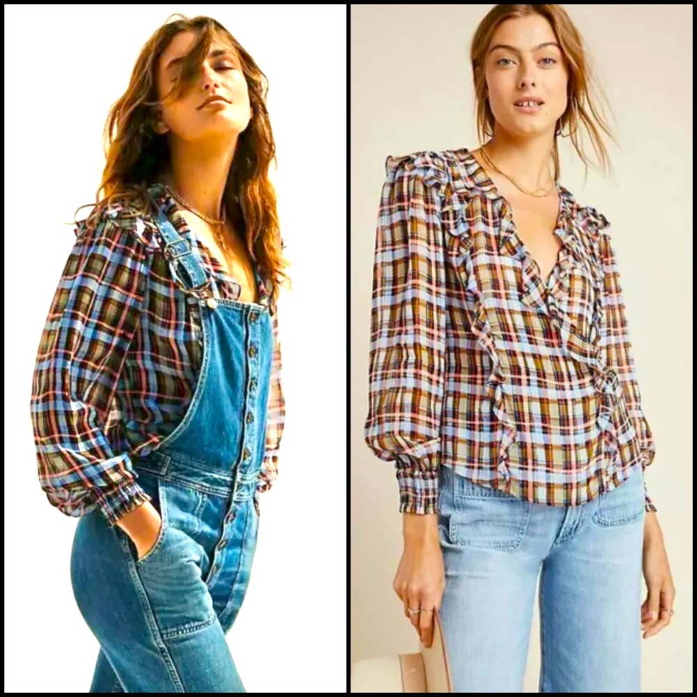 Anthro Maeve Plaid Ruffle Long Sleeve Blouse Top - Picture 2 of 15